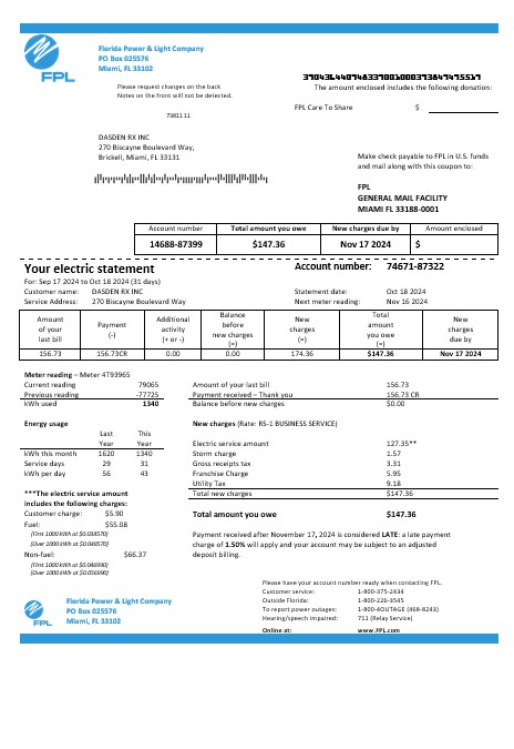 USA Florida Power & Light Company (FPL) electricity business utility bill template in Word and PDF formats